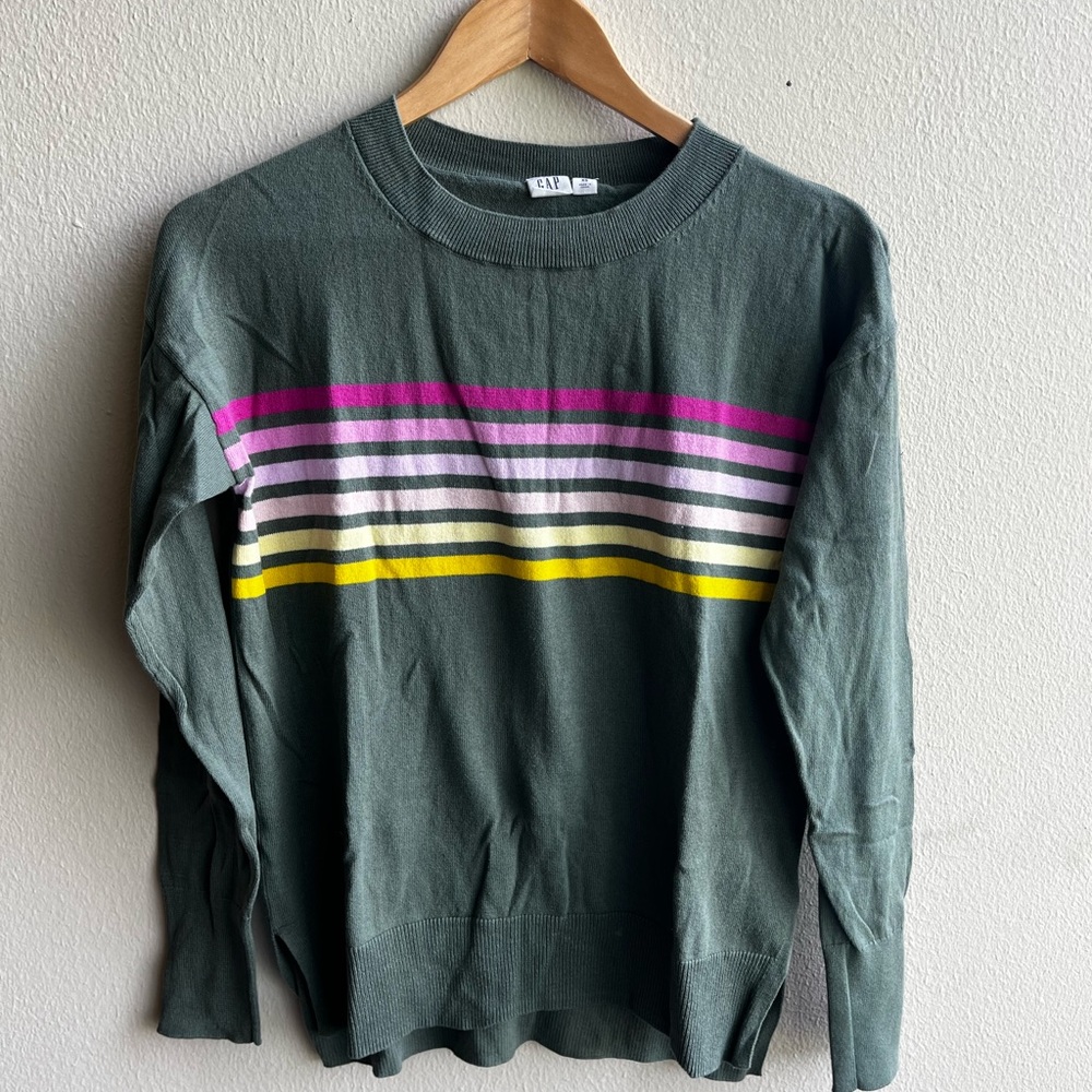 Gap hunter green with striped 100% cotton sweater
